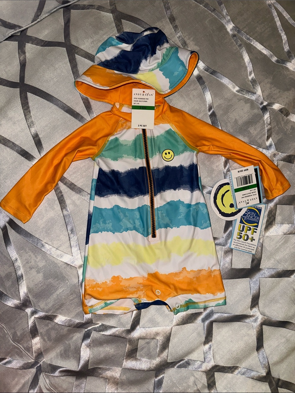 Andy & Evan Orange, Blue & Teal Striped UPF Rashguard with Hat